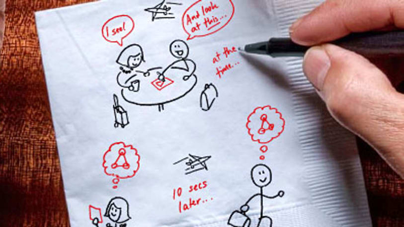 Business cartoons sketched on napkin